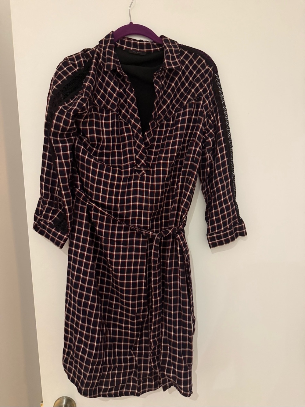 IKKS Women Plaid Shirt Dress with Lace Sleeve Detail